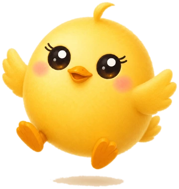 Pip the chick leaps with both wings spread and both feet off the ground.