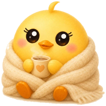 Pip the chick sits wrapped in a thick cream blanket, holding a small mug with a heart on it.