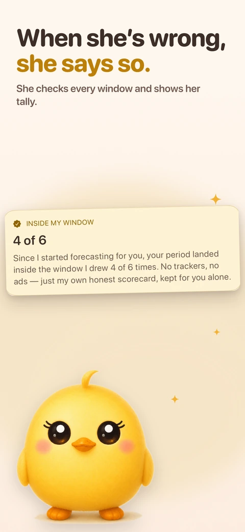 A card headed "Inside my window" shows Pip's running tally of how often your period landed inside the window she drew, above the chick standing and looking straight out.