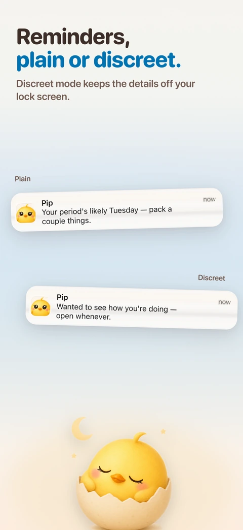 Two lock-screen banners from Pip sit one above the other, the plain one naming Tuesday as the likely day and the discreet one only asking how you are doing, above a chick asleep in an eggshell under a crescent moon.