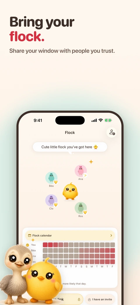 An iPhone shows the Flock screen where four named friend birds circle Pip above a grid of tinted days, with a tall ostrich friend and the chick standing in front of the phone.