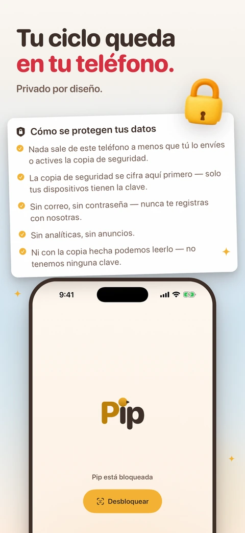 Una tarjeta titulada «Cómo se protegen tus datos» enumera cinco promesas: nada sale del teléfono a menos que tú lo envíes o actives la copia de seguridad, la copia se cifra ahí antes de salir, sin correo ni contraseña, sin analíticas ni anuncios, y ninguna clave en nuestras manos, sobre un iPhone con la pantalla de bloqueo de Pip.