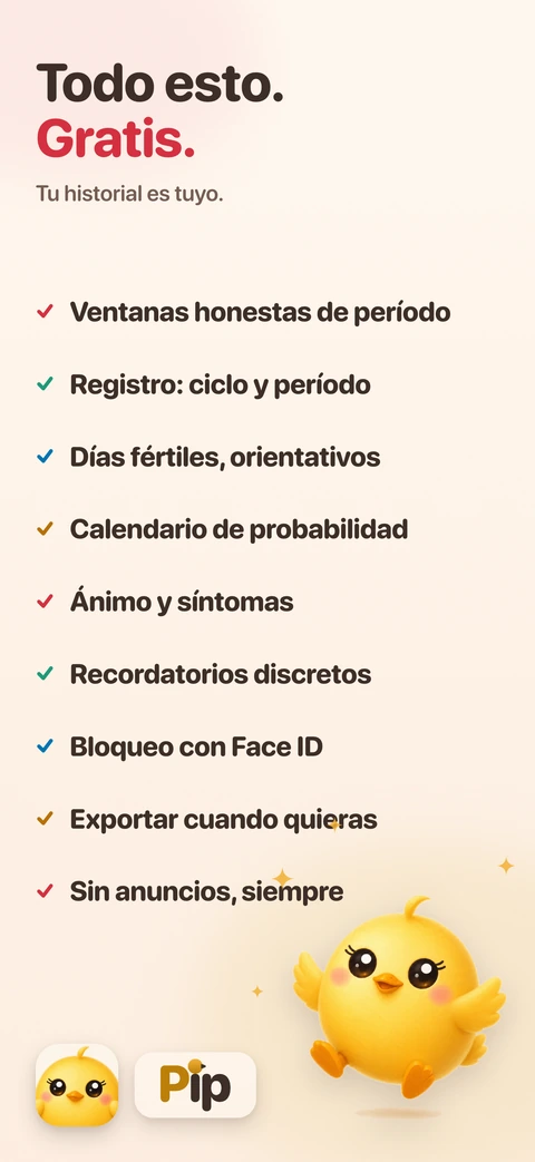 Una lista de nueve cosas gratis, desde ventanas honestas de período hasta el bloqueo con Face ID y exportar, con la pollita saltando junto al logotipo de Pip y el icono de la app.