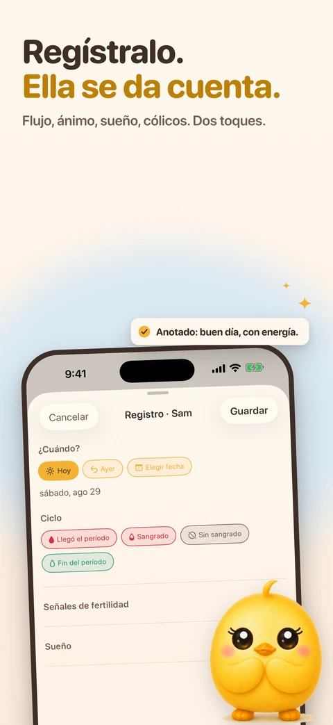 Un iPhone inclinado muestra la hoja de registro de Pip con opciones de fecha y etiquetas de ciclo, un aviso flotante dice «Anotado: buen día, con energía» y la pollita está de pie al borde de la pantalla.