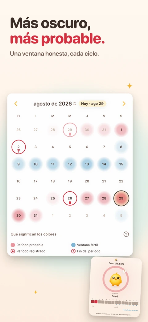 Un calendario de agosto tiñe de rojo los días de período probable y de azul la ventana fértil sobre una leyenda que nombra cada color, con una tarjeta pequeña de Hoy debajo que pronostica el próximo período del 19 al 26 de septiembre.