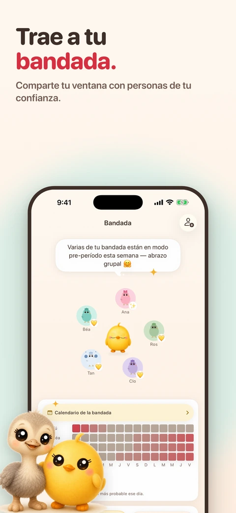 Un iPhone muestra la pantalla de la Bandada, donde cinco amigas pájaro con nombre rodean a Pip sobre una cuadrícula de días teñidos, con una amiga avestruz alta y la pollita de pie delante del teléfono.