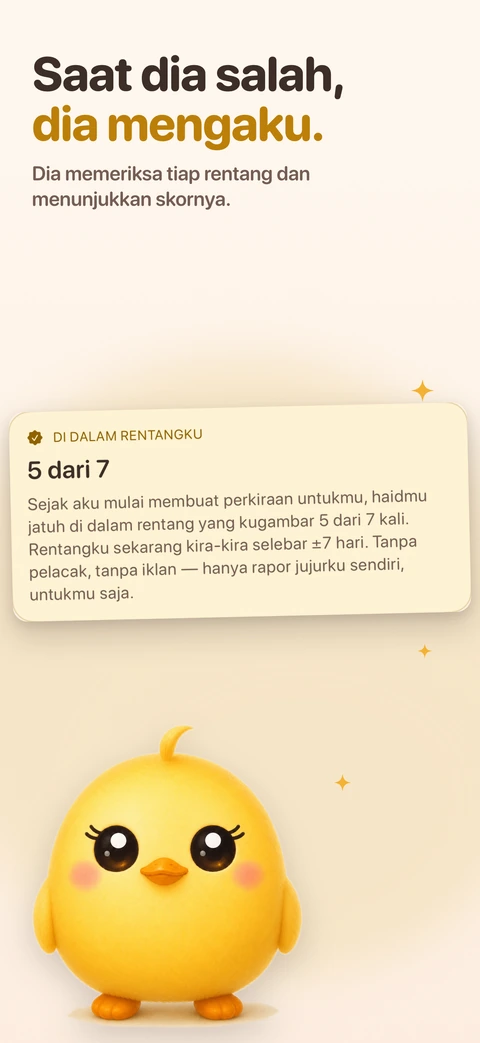 Kartu berjudul "Di dalam rentangku" menunjukkan hitungan Pip tentang berapa kali haidmu jatuh di dalam rentang yang dia gambar, di atas si anak ayam yang berdiri dan menatap lurus ke depan.