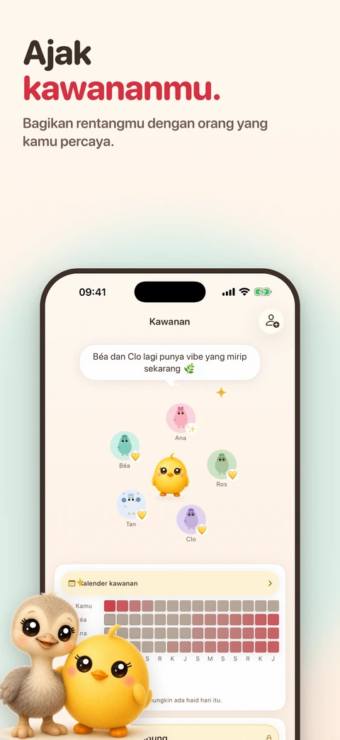iPhone menampilkan layar Kawanan tempat lima teman burung bernama mengelilingi Pip di atas kalender kawanan berpetak, dengan teman burung unta jangkung dan si anak ayam berdiri di depan ponsel.