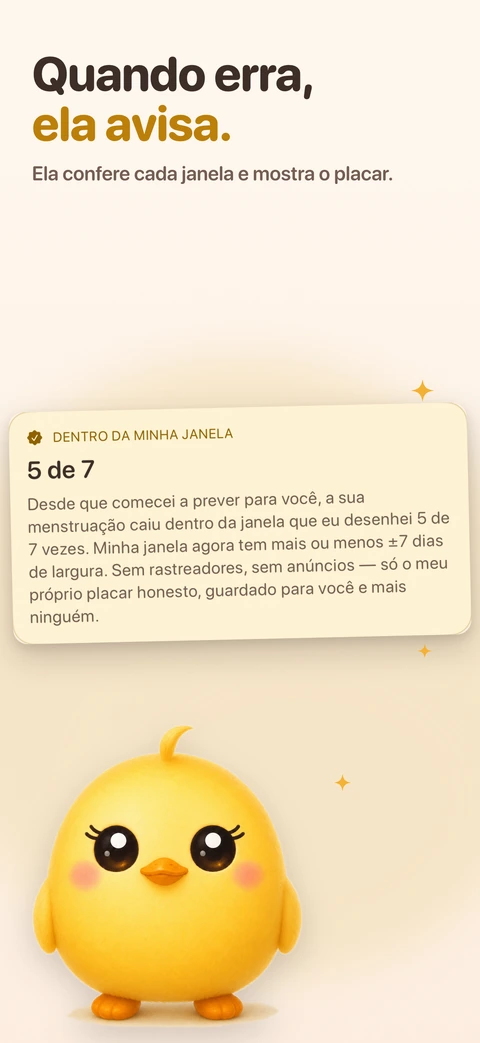 Um cartão com o título "Dentro da minha janela" mostra o placar corrido da Pip sobre quantas vezes sua menstruação caiu dentro da janela que ela desenhou, acima da pintinha de pé olhando para a frente.