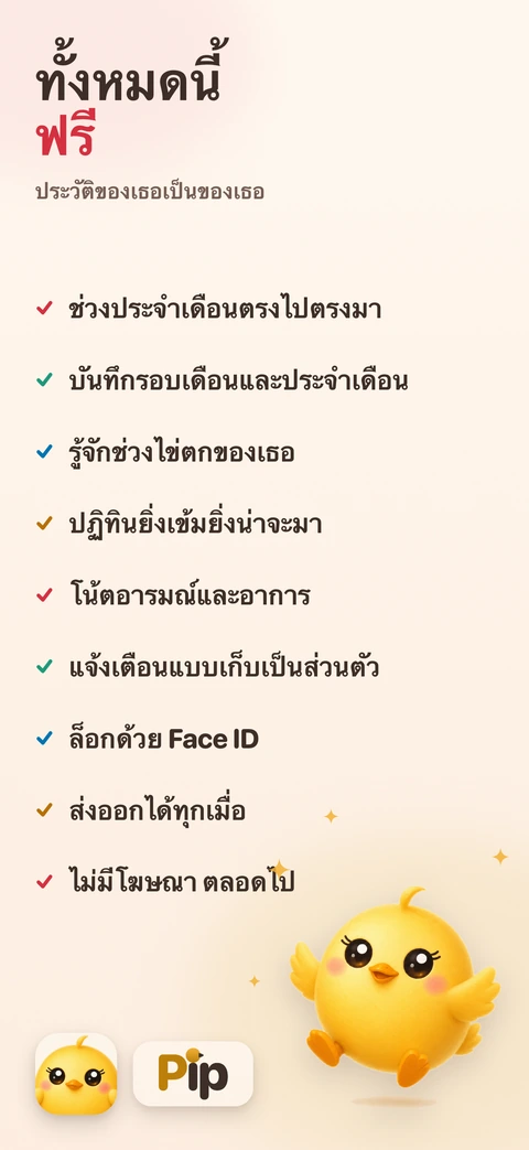 รายการของฟรีเก้าข้อ ตั้งแต่ช่วงประจำเดือนตรงไปตรงมา ไปจนถึงล็อกด้วย Face ID และส่งออกได้ทุกเมื่อ โดยมีพิปกระโดดอยู่ข้างเวิร์ดมาร์ก Pip และไอคอนแอป
